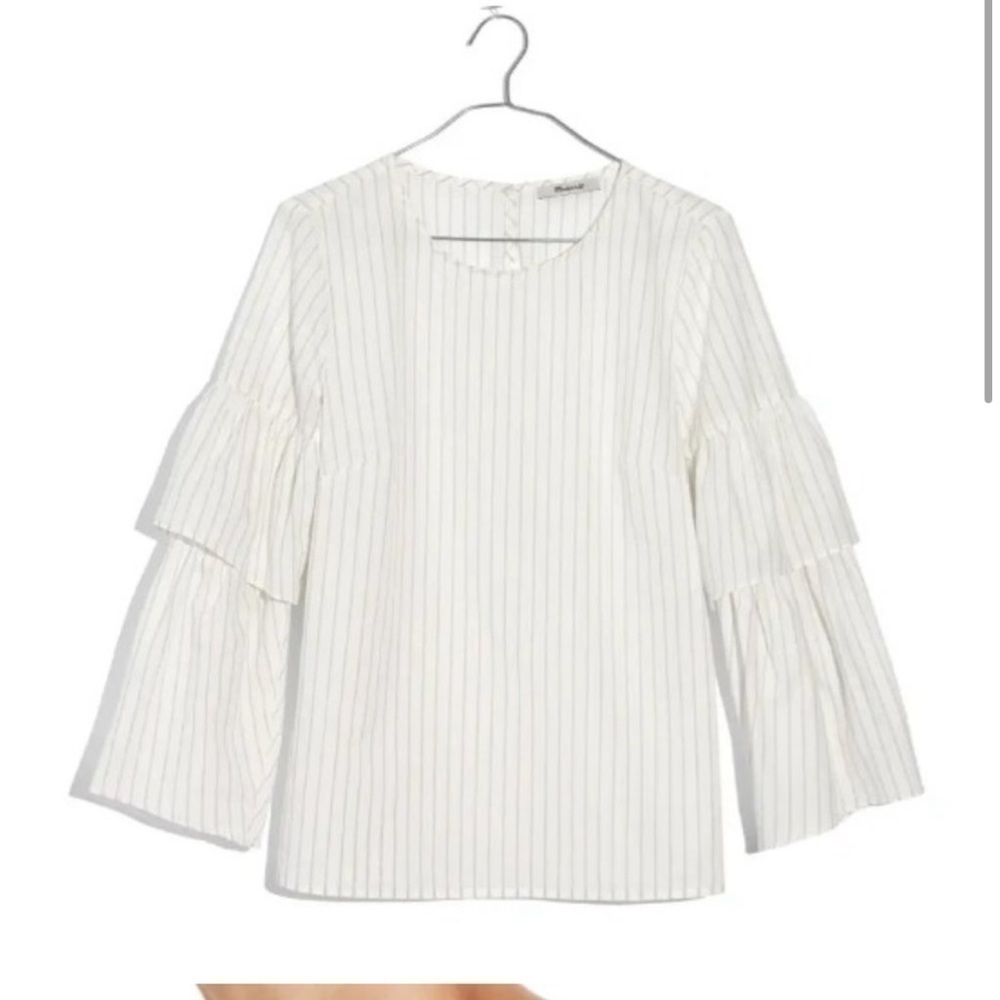 MADEWELL STRIPED RUFFLE-SLEEVE TOP IN WHITE•